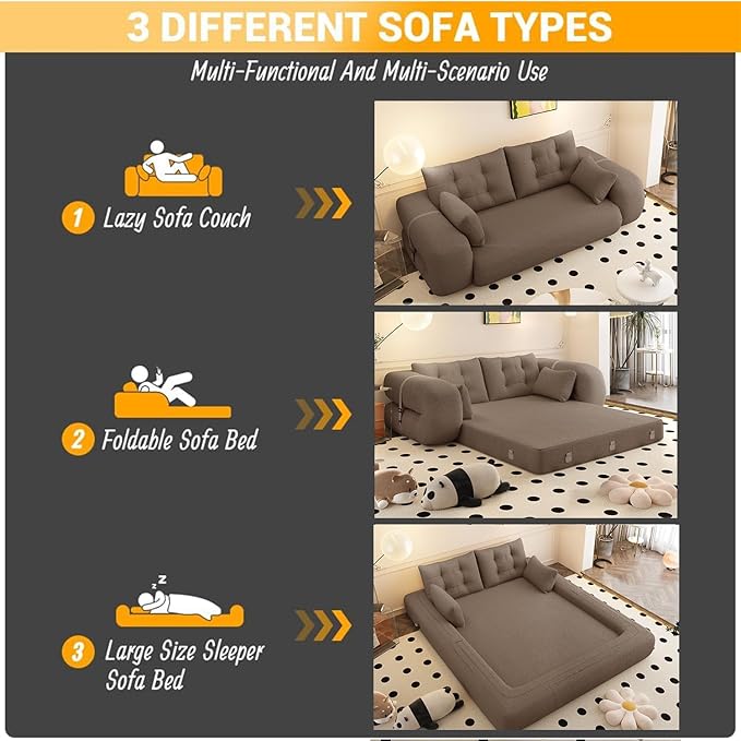 79 Modern Brown Teddy Convertible Futon Couch Sofa Bed 3 in 1 Pull Out Memory Sleeper Cloud Sofas Double Full Size Boneless Love Seat Beds for Living Room Dorm ApartmentBedroom (Brown)