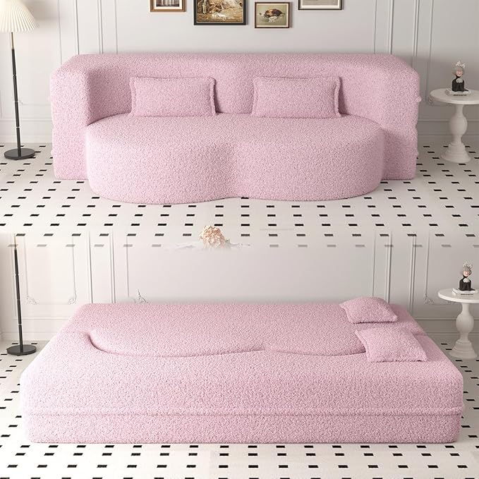 2 in 1 Convertible Sleeper Sofa Bed 15 Thick Twin Size Folding Floor Couch with 2 Pillows Teddy Fabric Foam-Filled Futon Loveseat for Living Room Guest Use Office &amp Apartment (Pink)