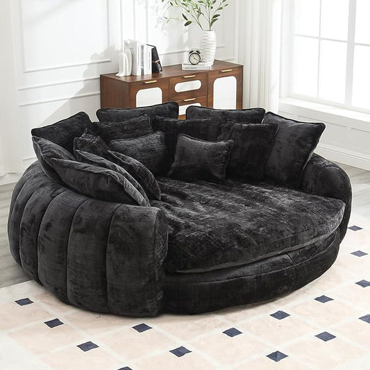 81.1 Oversized Round Chaise Lounge Chair Extra-Wide 2-Person Accent Chair with 14 Pillows Comfy Cloud Sleeper Sofa for Living Room (Black)