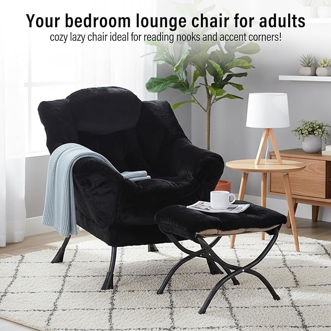 Lazy Chair with Ottoman Modern Accent Chair with Armrests and a Side Pocket Plush Black Accent Chairs Reading Chairs Oversized Armchairs for Bedroom Study Living Room Courtyard