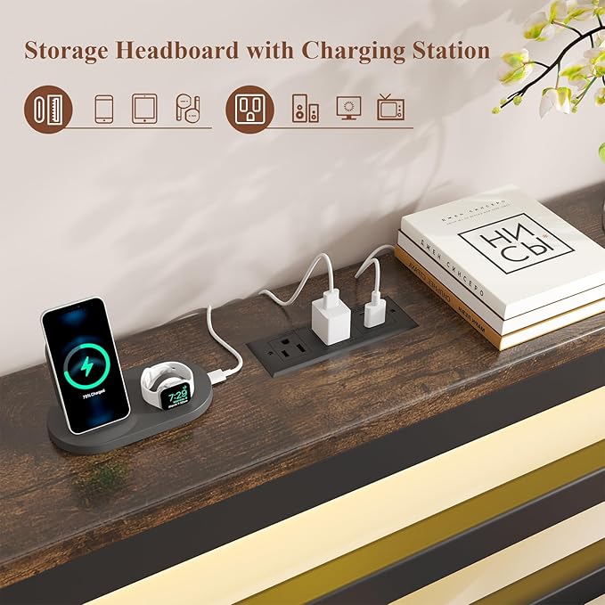 Twin Size Bed Frame with Storage Headboard Industrial Platform Bed with Charging Station and LED LightsUnderbed Storage Space No Box Spring Needed Easy Assembly Modern Black