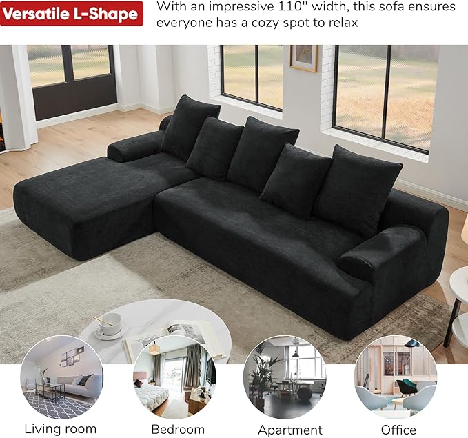 JOYBASE 110 Modular Sectional L-Shaped Cloud Couch Minimalist 4 Seat Couch with Deep Seat Left Facing Chaise for Living Room Office No Assembly Required (Black)