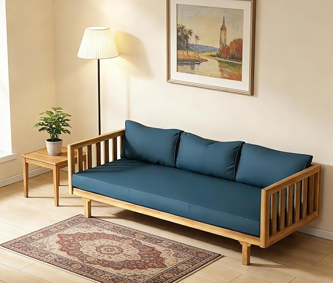 Merax Solid Acacia Wood Couch Chaise Lounge Chair Indoor 3 Seater Daybed Sofa Couches with Cushions &amp Pillow Heavy Frame Day Bed for Living Room Office Outdoor Balcony Patio Water Resistant