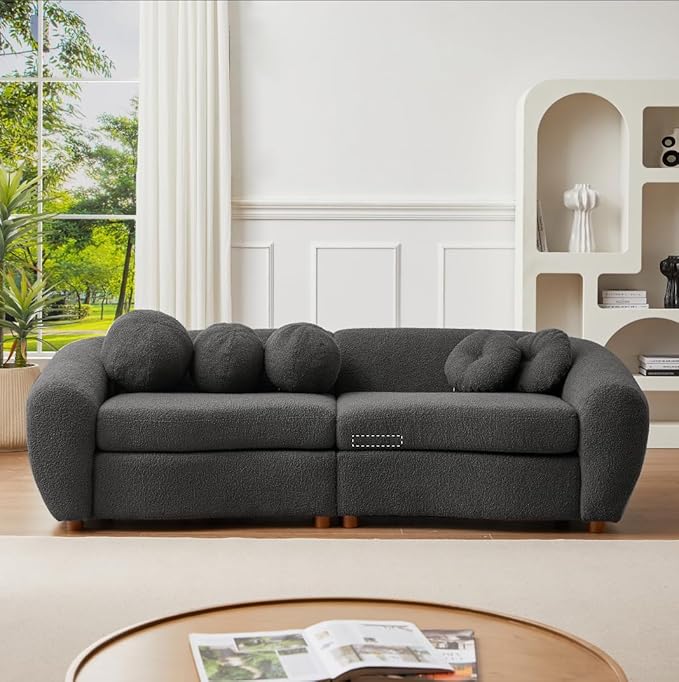 87.7 Modern Curved Sofa Back Upholstered Couch with 5 Decorative Throw Pillows Teddy Fabric Couch for Living Room Office Apartment Gray