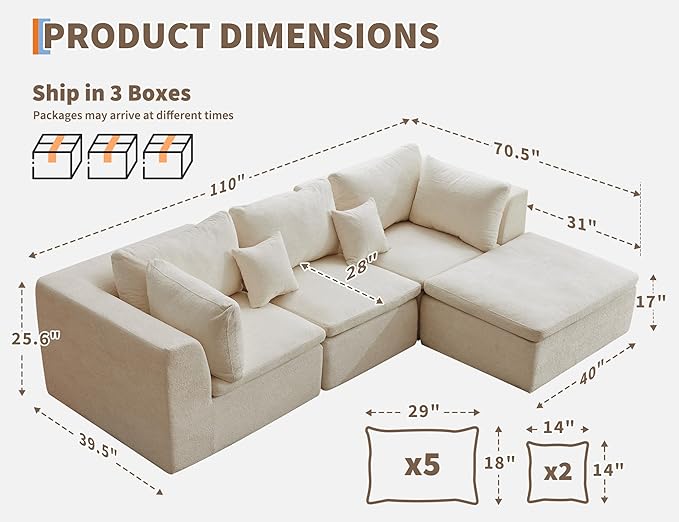 110 Cloud Sectional Couches for Living Room Convertible L-Shape Boneless Couch with Ottoman 3 Seater Modular Sectional Sofa Cream