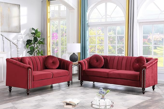 Chesterfield Sofa Set Luxurious Velvet Chesterfield Settee Couch SetSofa and Loveseat SetUpholstered Rolled Arm with Rivets/4 Button Tufted Pillow Modern Sofa Living Room SetRed