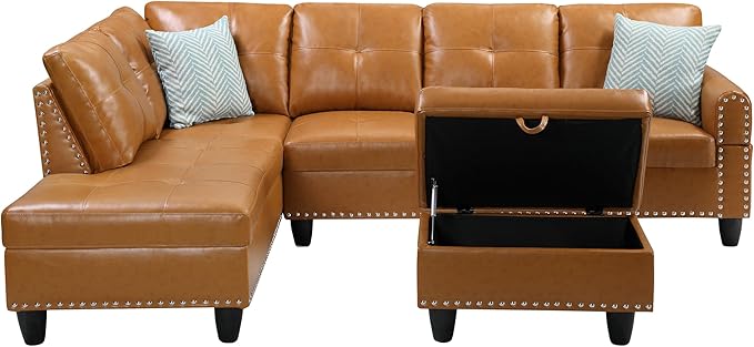 Ball &amp Cast 98 L Shaped Sectional Couch for Living Room with Chaise&ampStorage Ottoman4 Seat Faux Leather Upholstered Modular Sectional Sofa Set 3 PCS W/Cup Holders&ampCoffee Tablefor HomeOf