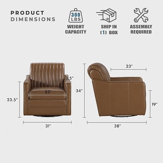 Lexicon Swivel Accent Chair with Track Arms Faux Leather Arm Chair with Solid Wood Frame and Metal Base Deep Seat Swivel Sofa Chair Modern Reading Chair for Living Room/Office/Apartment Cognac