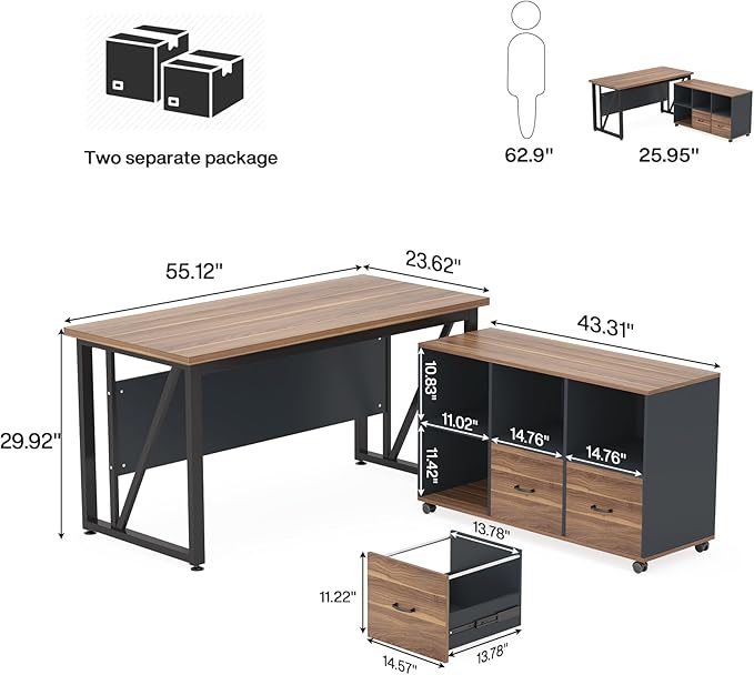 Tribesigns 55-Inch Executive Computer Desk with 43-Inch Lateral File Cabinet Large Workstation Business Furniture L Shaped Desk with Drawers and Storage Shelves for Home Office Walnut