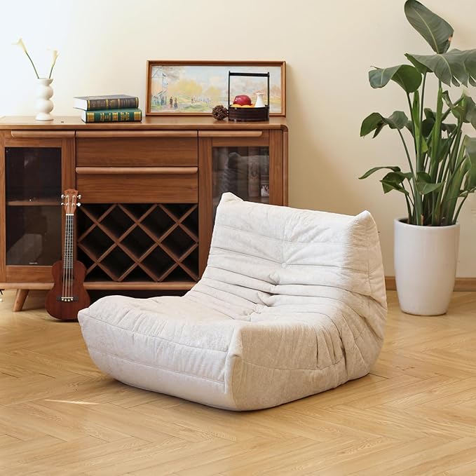 N&ampV Fireside Chair Mid Century Armless Floor Sofa Soft Premium Chenille Floor Lounge Chair Foam Sofa Accent Chair for Living Room Bedroom and Office (White Single)