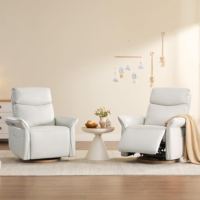 CHITA Genuine Leather Power Recliner Chair Electric Triple-Motor Swivel Glider Nursery Rocking Chair with Adjustable Power Headrest and Lumbar Support GREENGARD Gold Certified Creamy Grey