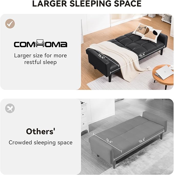 COMHOMA 76 inch Futon Sofa BedMid Century Modern Futon Couch with Adjustable BackrestFabric Convertible Sofa CamaFolding Sleeper Sofa for Living RoomBedroom (Black)