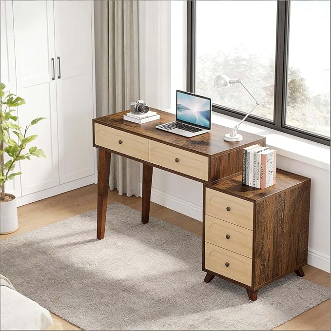 Computer Desk with Adjustable Position Drawers Gaming Desk with Storage Compact Home Office Desks Vanity Desks Without Mirror for Bedroom/Study Writing (Brown)