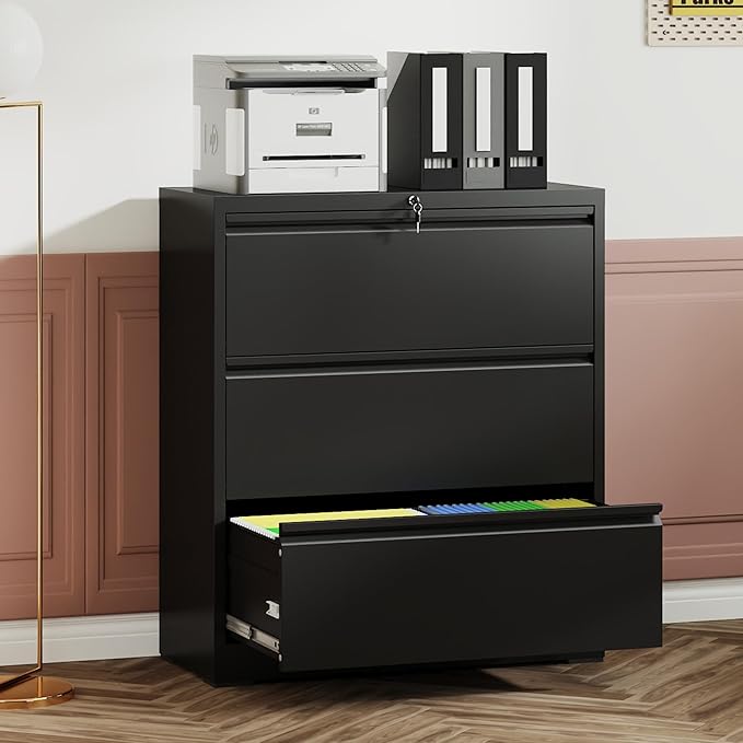 3 Drawer Small File Cabinet with Lock - Heavy Duty Metal Filing Cabinet for Home Office Under Desk Storage Drawer Organizer with Locking DrawersBlack