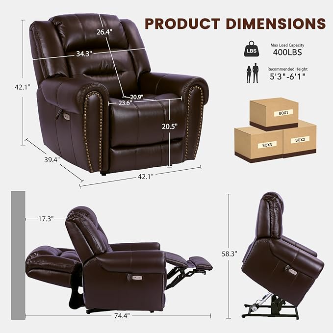 EONIX Classic Dual Motor Power Lift Recliner Chair for Elderly 400lbs Heavy Duty Breathable Faux Leather Recliner with Heat and Massage Lay Flat Lift Chair Recliner for Adults SLRY005 Dark Brown
