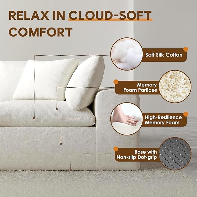 130 Oversized Boneless Cloud Couch Modular Sectional Couches for Living Room U-Shaped with Deep Seats No Assembly Required 6-Seater Washable Fabric Sleeper Sofa White