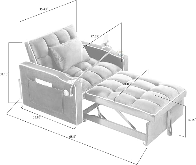 Convertible Chair Bed 3 in 1 Sofa Bed Chair with Adjustable Backrest &amp Cup Holder &amp Charging Station Small Space One Person Couch for Apartment Office Living Room Bedroom (Grey)
