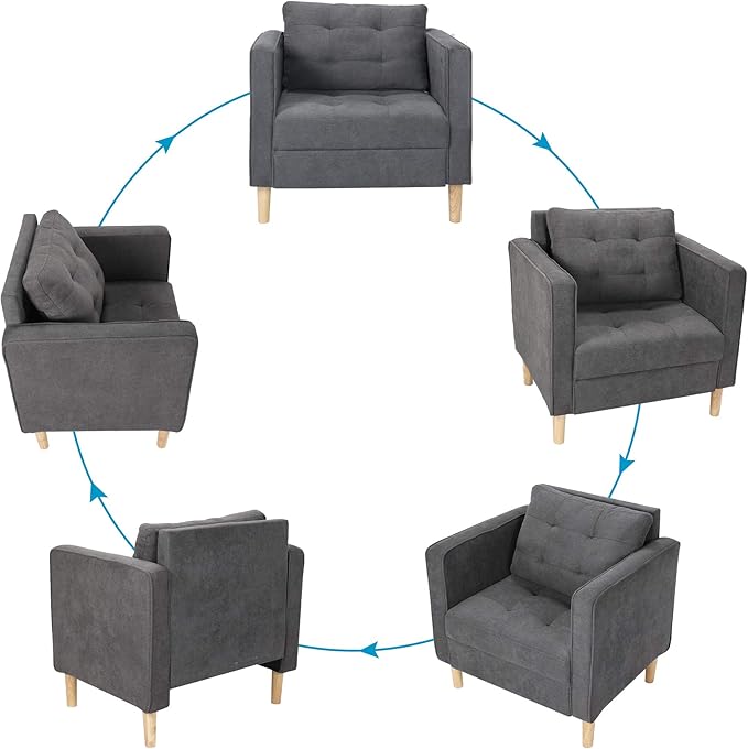 STHOUYN Mid Century Modern Upholstered Fabric Accent Chair with Arms Set of 2 Armchair Comfy Reading Chair for Living Room Studio Office Couch Single Sofa Set Bedroom Grey