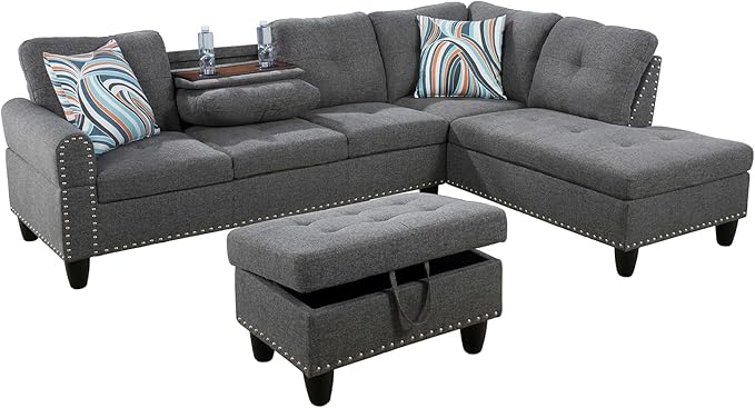 L Shaped Sectional Couch Ottoman Modern Nailhead Comfy Lounge Sofa with Reversible Cup Holder &amp Chaise 97 4 Seat Modular Sofá for Living Room Apartment Grey