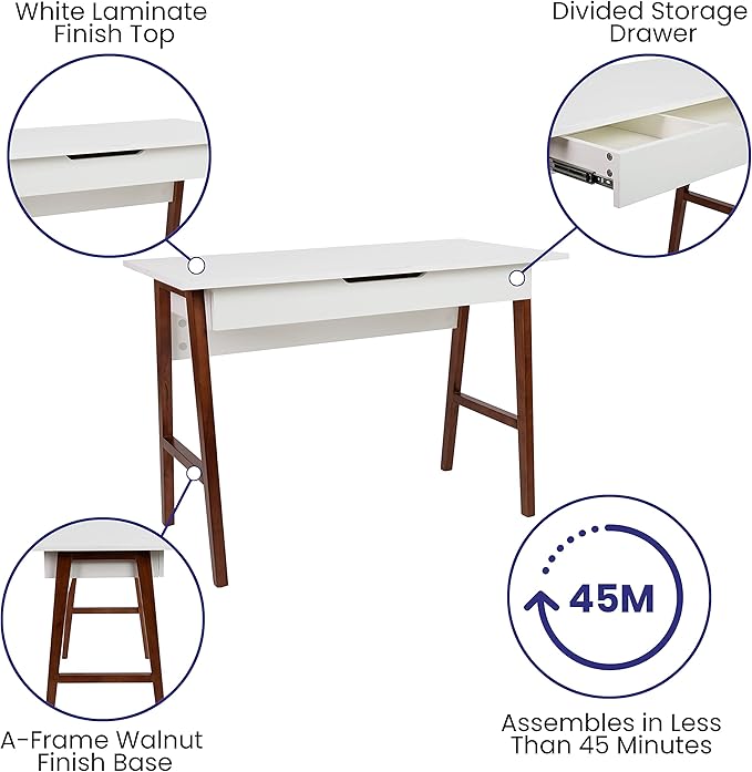 BizChair Computer Desk - White Home Office Desk with Storage Drawer - 42 Long Writing Desk for Bedroom