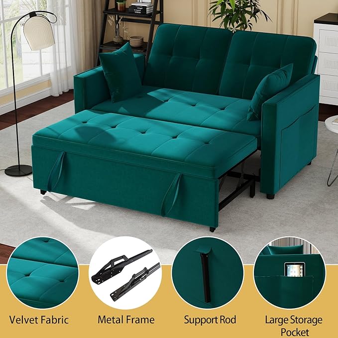 Green Convertible Sofa Bed: 3 in 1 Sleeper Sofa Couch Bed Pull Out Couch with Adjustable Backrest Velvet Convertible Loveseat Sleeper for Living Room (Green)