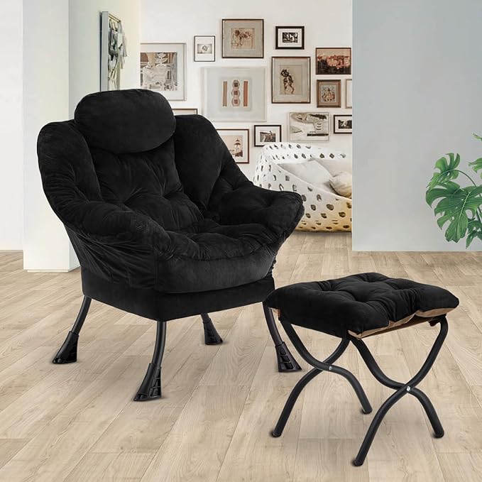 Lazy Chair with Folding OttomanLeisure Sofa ChairSoft Fabric Armchair with Armrests and Side Pockets Reading Chair with Footrest for Living Room Bedroom Office (Plush Black)