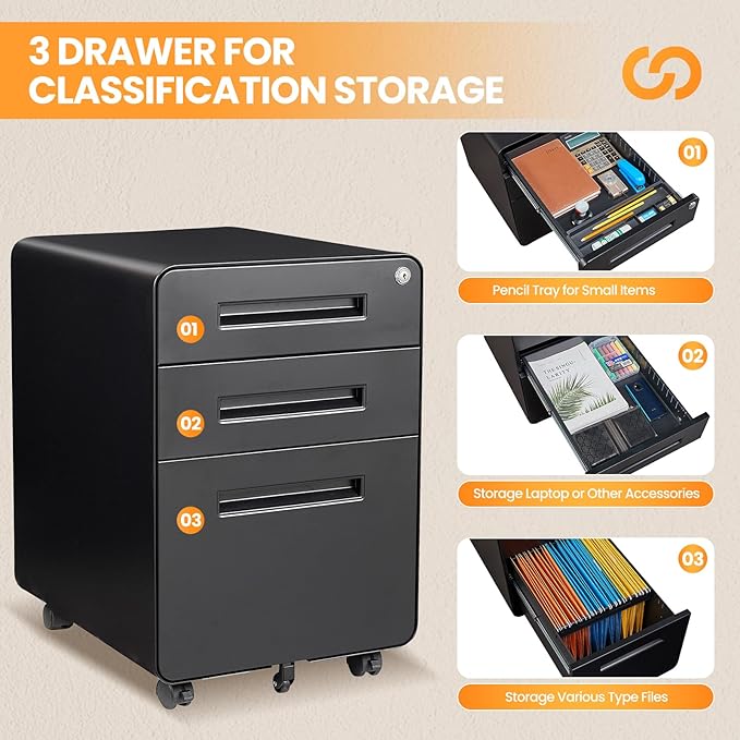3 Drawer File Cabinet Fully Assembled Mobile File Cabinets with Lock for Home Office Metal Rolling Filing Caninet on Wheels Three Drawer Under Desk Cabnet for Letter/Legal / A4 - Black