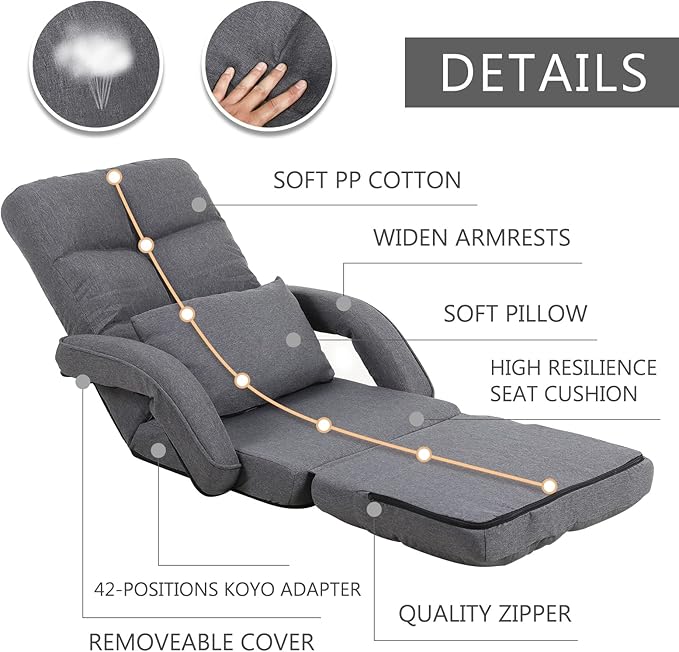 Indoor Floor Chair with Armrest and Pillow Folding Chaise Lounge Sofa 14-Position Adjustable Comfy Gaming Recliner Chair Padded Seats for Adults (Grey)
