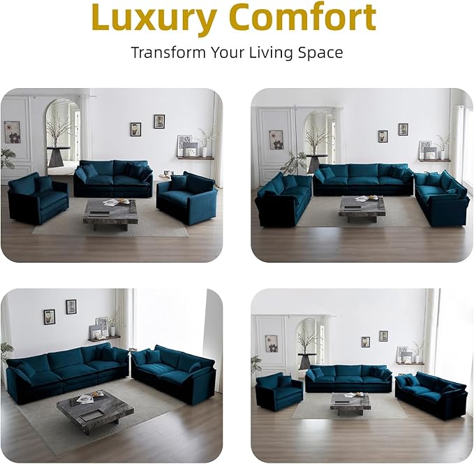 76.7 Modular Sectional Sofa U Shaped Deep Seat Cloud Couch with OttomanConvertible 2-Seater Comfy Chenille Upholstered Sofa Set for Living Room Apartment Studio – Blue