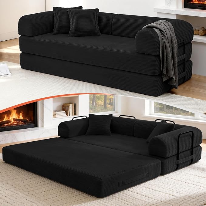 79 Corduroy Sofa Bed Boneless Couch in a Box with 2 Pillows High-Density Foam 4-in-1 Foldable Sleeper Futon Loveseat for Small Spaces No Assembly Side Pockets Black