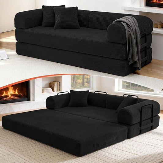 79 Corduroy Sofa Bed Boneless Couch in a Box with 2 Pillows High-Density Foam 4-in-1 Foldable Sleeper Futon Loveseat for Small Spaces No Assembly Side Pockets Black