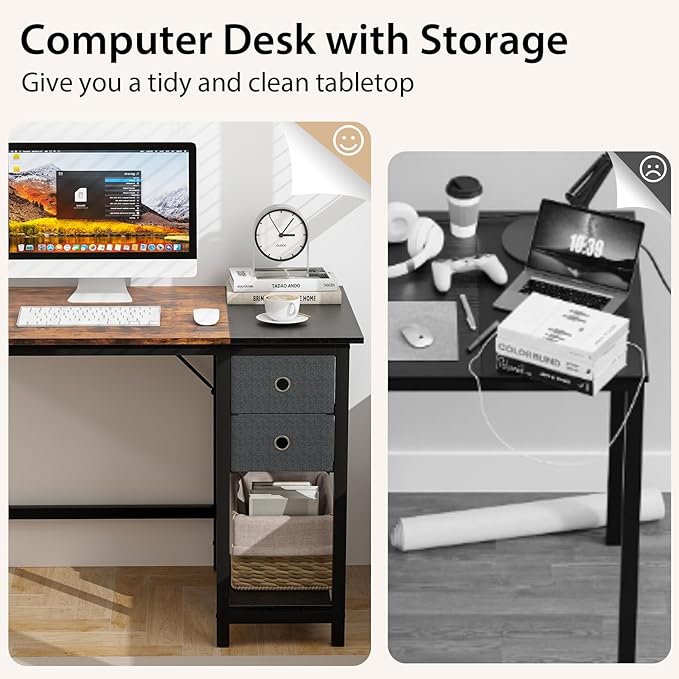 Tangkula 48-Inch Computer Desk with 2 Drawers Modern Home Office Desk with Hanging Hook &amp Storage Shelf Multipurpose Writing Desk for Study Bedroom (Rustic Brown 48)