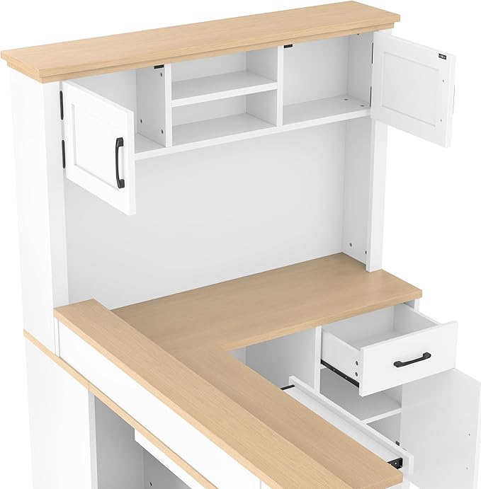 Ywin L-Shaped Computer Desk Executive Office Desk with Outlet Drawers and Bookshelf Modern Corner Desk with Storage for Home Office (White)