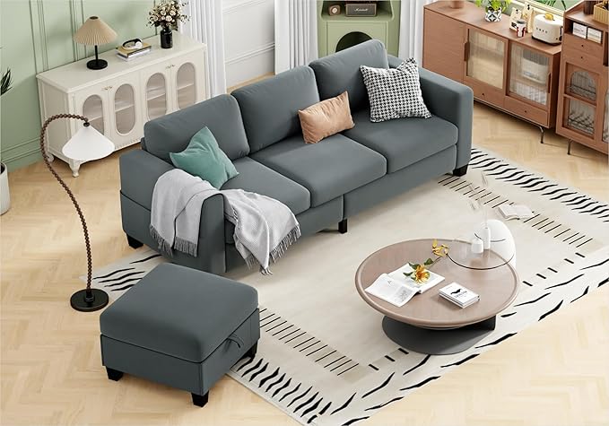 Sectional Couches for Living Room - Convertible L Shaped Couch with Storage Ottoman 3 Seater Modern Velvet Grey Sofa for Small Space Studio Basement Loft