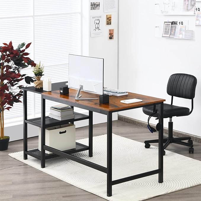 COSTWAY 59” Computer Desk with 2 Removable Storage Shelves Industrial Writing Workstation with Headphone Hook for Home Office Gaming Desk (Rustic Brown)