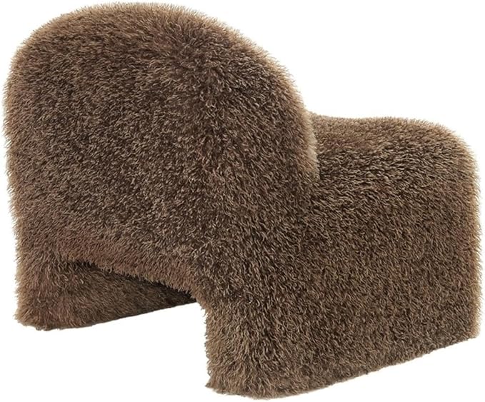 MAKLAINE Contemporary Faux Fur Upholstered Accent Chair Brown Shaggy Fabric Rounded Low-Profile Armless Design Sled Base with Non-Marking Foot Caps Living Room or Bedroom Seating