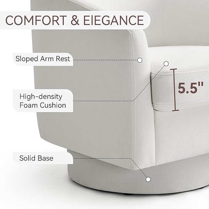 Swivel Barrel Accent Chair Round Chenille Fabric Living Room Arm Chairs Modern Upholstered Comfty Reading Nook Chairs for Bedroom Small Club Armchair Single Sofa Side Chair White