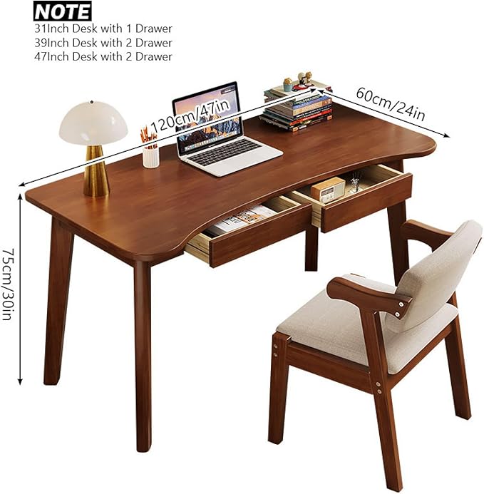 100% Solid Oak Writing Desk - Home Office Desk with Storage Drawers Modern Furniture with Curved Top Small Study Table for Bedroom(47 Inch White)