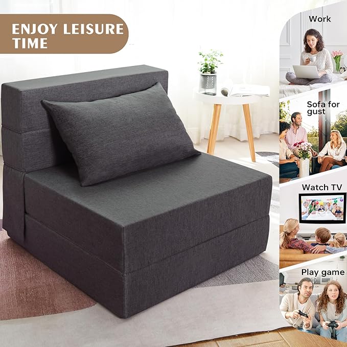 Folding Sofa Bed Foldable Sleeper Chair with Washable Cover Convertible Futon Sofa Bed with Pillow Fold Out Couch for Living Room Dorm Guest Room Single Size Dark Grey