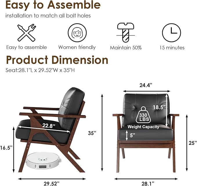 STHOUYN Black Leather Office Accent Chair with Wooden Arms Office Lounge Chair Mid Century Modern Chair Side Arm Chairs for Living Room Guest Waiting Room Chairs (1 Black)