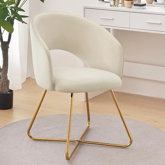 Furniliving Velvet Vanity Chair with Curved Back Upholstered Barrel Desk Chair with Gold Legs Mid Century Modern Accent Chair for Living Room Dressing Room Bedroom Khaki