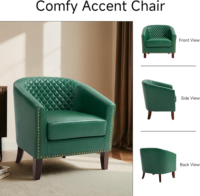 Faux Leather Accent Chairs Set of 4 Upholstered Barrel Club Chair for Living Room Comfy Round Armchair with Nailed Trim for Bedroom Office-Green