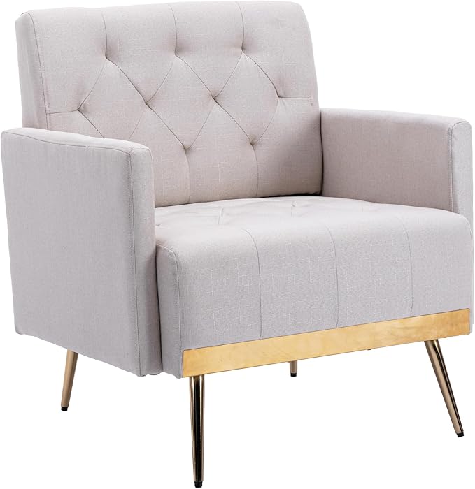 Linen Accent Chair Modern Upholstered Living Room ChairComfy Single Sofa with Button Tufted Back and Golden Metal Legs for Reading Bedroom Waiting Room Beige