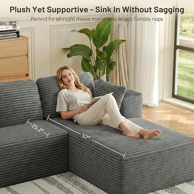 L Shaped Cloud Sectional Couch for Living Room 105 Modern Corduroy Modular Frameless Floor Sofa with Chaise Memory Foam Deep Seat &amp Non-Slip Base No Assembly Required (Grey)