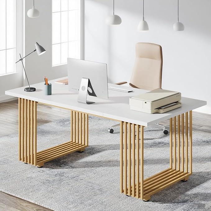 70.9-Inch Modern Office Desk White Wooden Executive Computer Table with Gold Metal Legs Large Home Office Workstation for Study or Small Conference Room