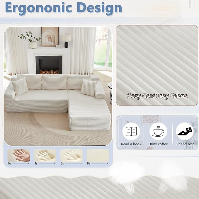 103 L-Shape Cloud Couch with Chaise Upholstered Corduroy Modular Sectional Sofa Deep Seat Couch with Free Combination for Living Room &amp ApartmentNo Assembly Required(WhiteRight Facing Chaise)