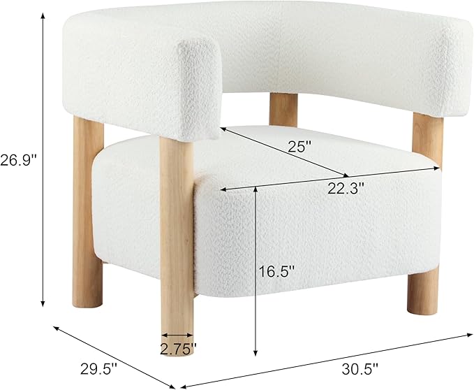 Christopher Knight Home Carly Low Profile Accent Chair Round Backrest Side Chair Living Room Armchair with Boucle Fabric Cushion Comfy Reading Chair for Bedroom Wooden Single Lounge Sofa White