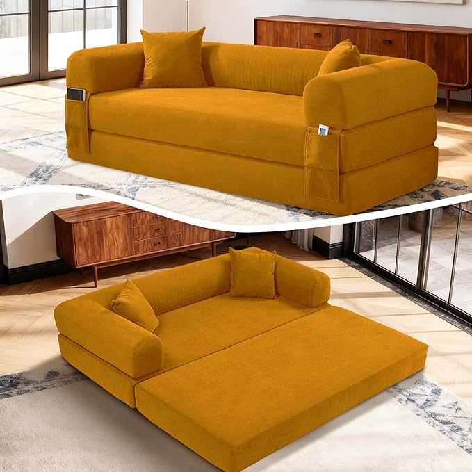 4-in-1 Folding Convertible Sofa Bed 80 Inch Corduroy Upholstered Boneless Couch Loveseat Sleeper with Pull Out Bed Floor Sofa Modular Futon Teddy Sofa for Living Room Bedroom Lounge Yellow
