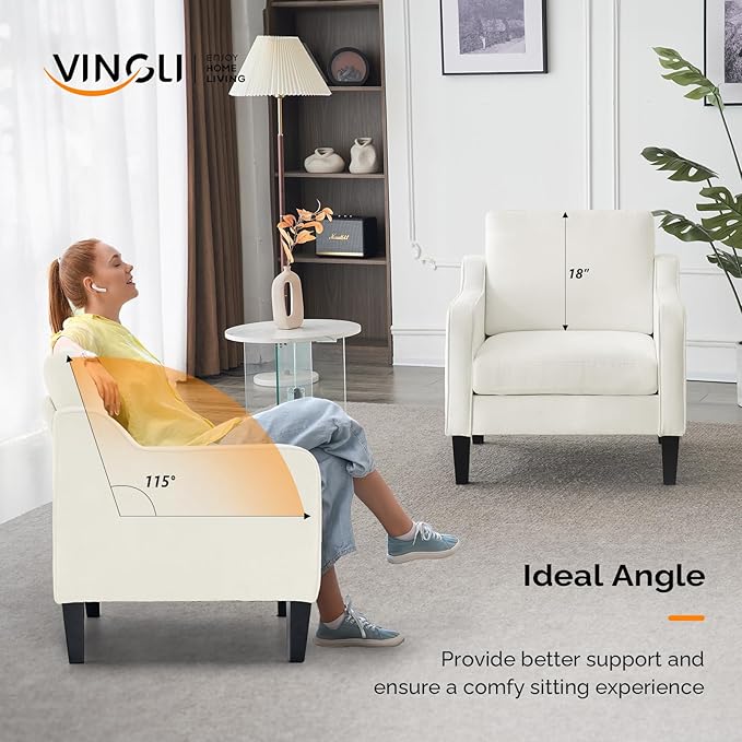 VINGLI Living Room Chairs White Accent Chair Soft Chenille Comfy Arm Chair Mid Century Modern Sofa Chair for Small Spaces Bedroom Home Offfice Apartment Lounge (Creamy White)