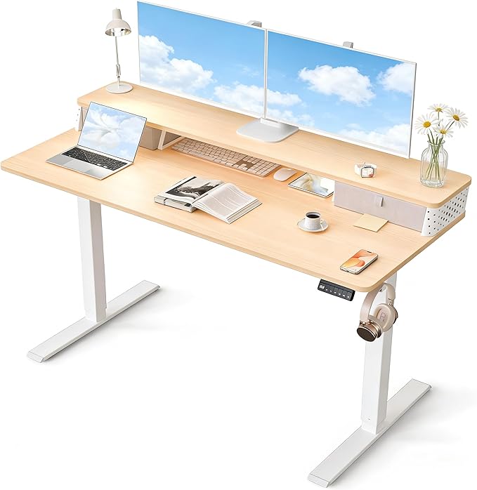 Electric Standing Desk with 2 Drawers 55 x 24 Adjustable Height Computer Desk Ergonomic Sit Stand Desk for Home Office (Nature)
